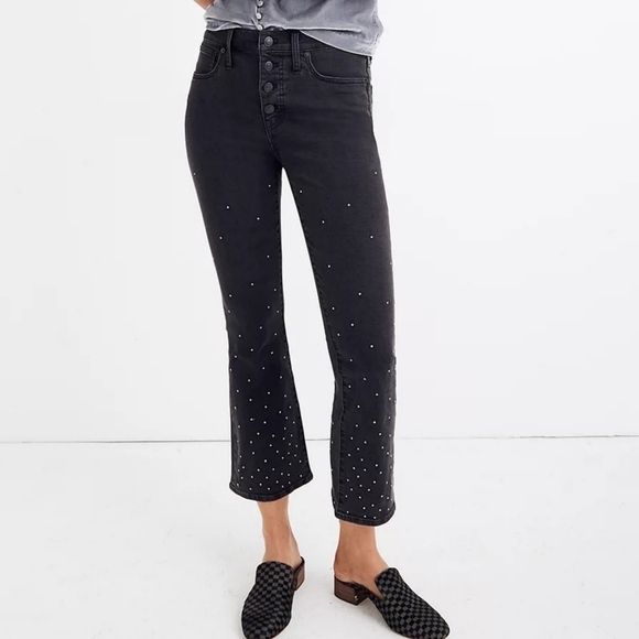 Madewell Black Scattered Metallic Dot High Rise Cali Demi Boot Cut Flare Jeans - Picture 4 of 15